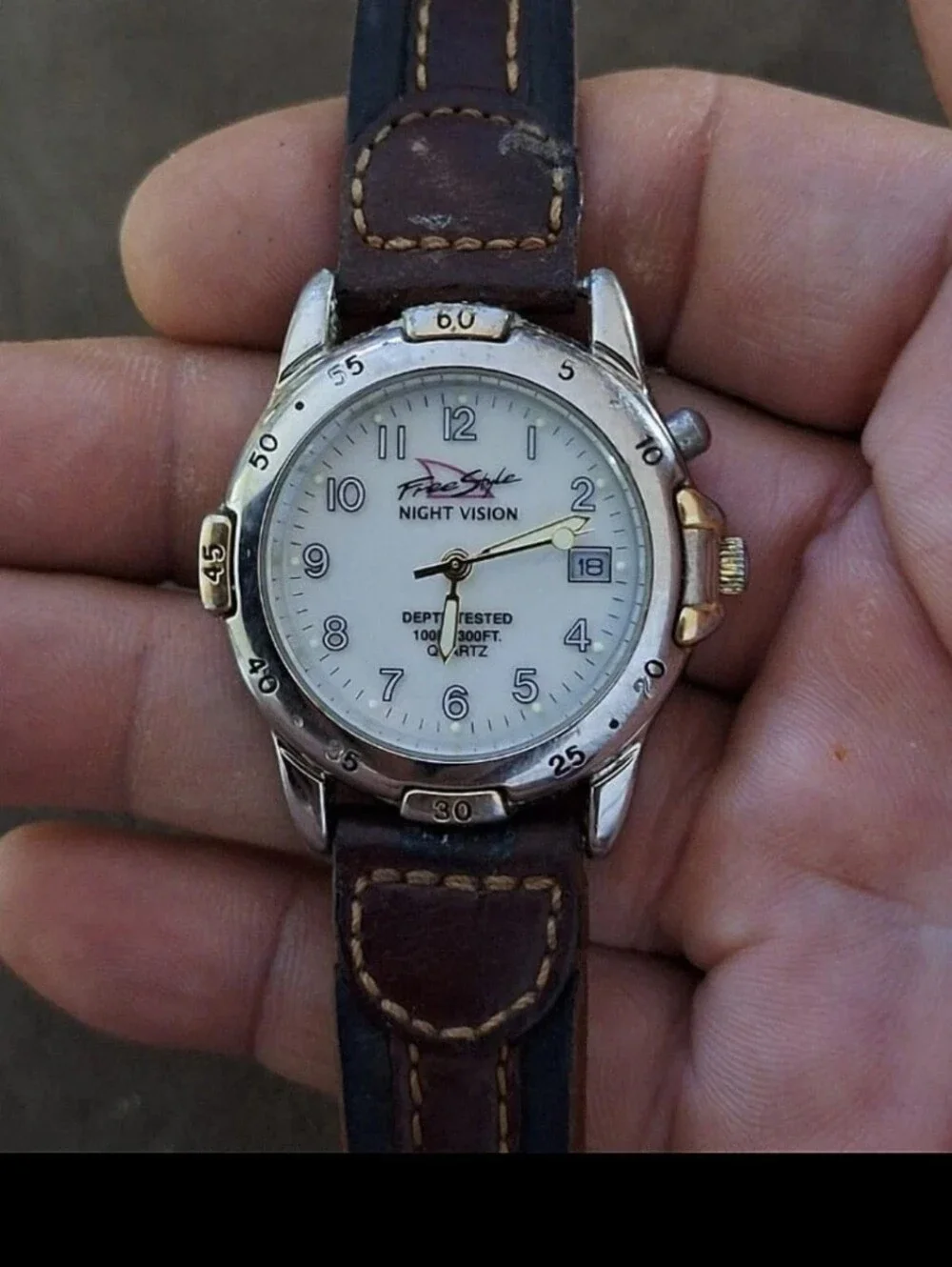 1980s Men's FreeStyle Night Vision Watch With Brown Genuine Leather Band
